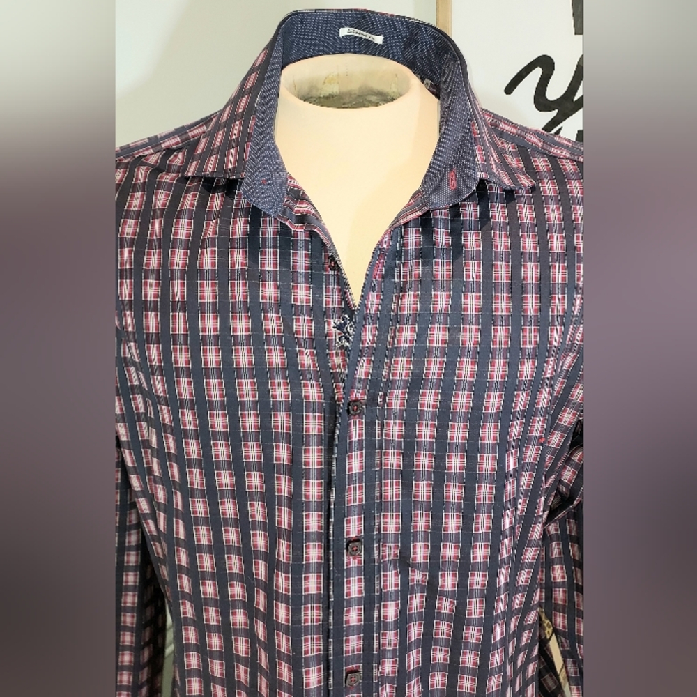 Bugatchi Blue With Multi Colored Squares Collared… - image 2